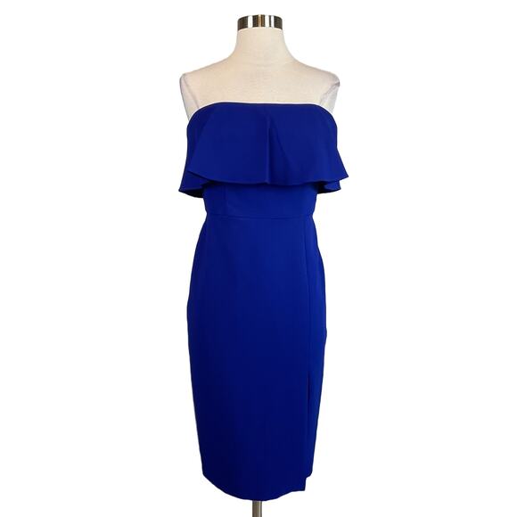 Aidan Mattox Strapless Cocktail Dress Size 8 Blue Colorful Ruffled Midi Sheath - Picture 1 of 11